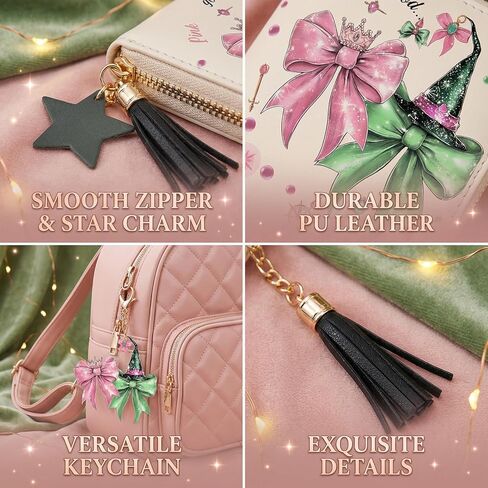 محفظة بسحاب باللونين الوردي والأخضر تحت عنوان الساحرة - حامل بطاقة بتصميم ساحرة سحرية مع شرابة ساحرة، محفظة عملات صغيرة الحجم للحمل اليومي in Kuwait