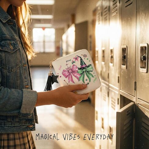 محفظة بسحاب باللونين الوردي والأخضر تحت عنوان الساحرة - حامل بطاقة بتصميم ساحرة سحرية مع شرابة ساحرة، محفظة عملات صغيرة الحجم للحمل اليومي in Kuwait