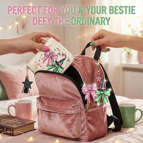 محفظة بسحاب باللونين الوردي والأخضر تحت عنوان الساحرة - حامل بطاقة بتصميم ساحرة سحرية مع شرابة ساحرة، محفظة عملات صغيرة الحجم للحمل اليومي in Kuwait