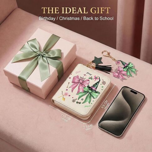 محفظة بسحاب باللونين الوردي والأخضر تحت عنوان الساحرة - حامل بطاقة بتصميم ساحرة سحرية مع شرابة ساحرة، محفظة عملات صغيرة الحجم للحمل اليومي in Kuwait