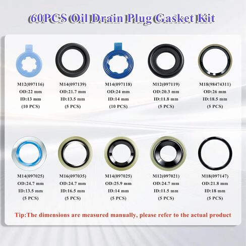 60PCS 10 Size Metal Rubber Nylon Oil Drain Plug Gasket Assortment Kit for M12 M14 M16 M18 Replace 097-116,097-139,097-118,097-119,9847431,097-025,097-035,097-021,097-147CD & More in Kuwait