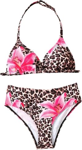 ملابس سباحة للفتيات من SHENHE بطبعة زهور الفهد وحزام قابل للتعديل مكون من قطعتين لباس السباحة in Saudi Arabia