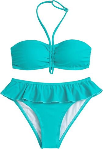 Girls Swimsuits Bikini Sets 2 Piece Bathing Suits Ruffled Adjustable Halter Straps Removable Pads Kid Swimwear6-16Y in Saudi Arabia