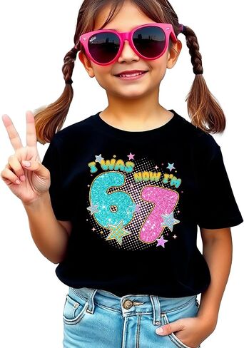Ink-Printed Glitter I was 6 Now I'm 7 Birthday Shirt for Girls Trendy Six Seven Party T-Shirt in Saudi Arabia