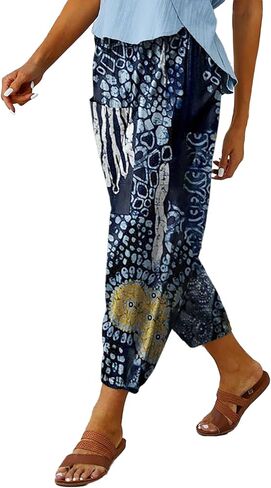 WROLEM Womens High Waist Pants Drawstring Wide Leg Cropped Casual Loose Capris with Pockets for Women in Kuwait