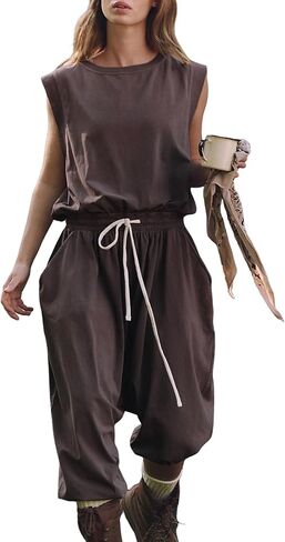 Lentta Womens Causal Jumpsuits Harem Onesie Open Back Overalls Drawstring Crewneck Sleeveless One Piece Outfits with Pockets in Saudi Arabia