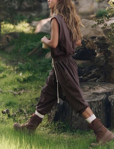 Lentta Womens Causal Jumpsuits Harem Onesie Open Back Overalls Drawstring Crewneck Sleeveless One Piece Outfits with Pockets in Saudi Arabia