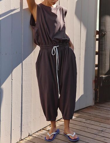 Lentta Womens Causal Jumpsuits Harem Onesie Open Back Overalls Drawstring Crewneck Sleeveless One Piece Outfits with Pockets in Saudi Arabia