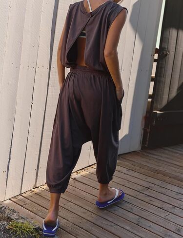 Lentta Womens Causal Jumpsuits Harem Onesie Open Back Overalls Drawstring Crewneck Sleeveless One Piece Outfits with Pockets in Saudi Arabia