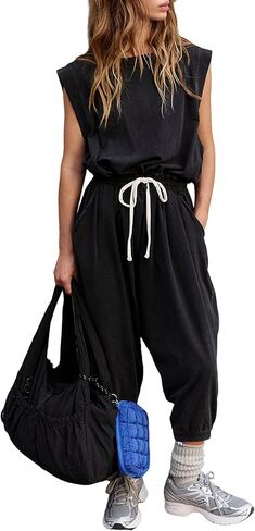 Lentta Womens Causal Jumpsuits Harem Onesie Open Back Overalls Drawstring Crewneck Sleeveless One Piece Outfits with Pockets in Saudi Arabia