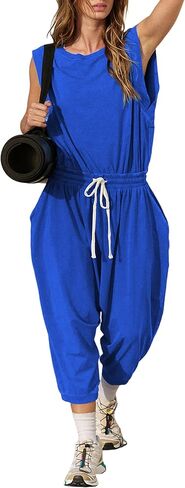 Lentta Womens Causal Jumpsuits Harem Onesie Open Back Overalls Drawstring Crewneck Sleeveless One Piece Outfits with Pockets in Saudi Arabia
