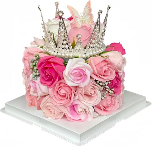 كعكة إيت تاون فور إيفر مع الزهور الوردية المحفوظة - باقة ورود محفوظة للنساء - هدية عيد ميلاد لها مع تاج (وردي) in Kuwait