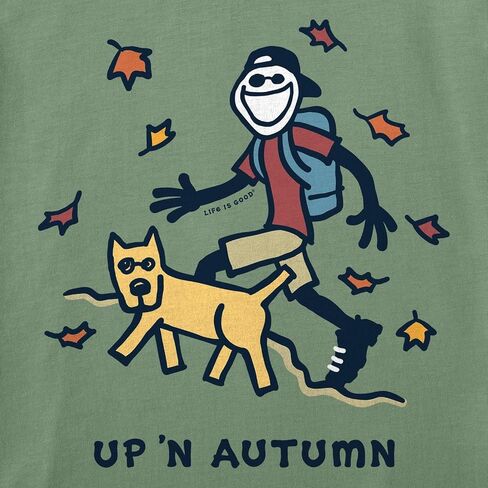 Life is Good. Men's Jake & Rocket Up 'n Autumn Short Sleeve Crusher Tee, Granite Green in Saudi Arabia