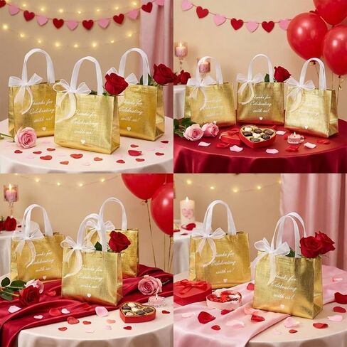 Amylove 36 Pcs Thanks for Celebrating with Us Rose Gold Gift Bags Set Reusable Non Woven Small Party Favor Bags Glossy Tote Birthday Goodie Bags with 8 Roll Bow Ribbon for Wedding Birthday in Saudi Arabia