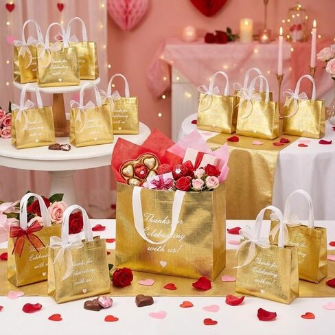 Amylove 36 Pcs Thanks for Celebrating with Us Rose Gold Gift Bags Set Reusable Non Woven Small Party Favor Bags Glossy Tote Birthday Goodie Bags with 8 Roll Bow Ribbon for Wedding Birthday in Saudi Arabia