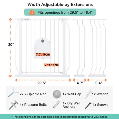 COMOMY 29.5-48.4" Baby Gate with Adjustable Cat Door,Extra Wide Metal Cat Gate for Stairs Doorways, Auto Close Dog Gate with Pet Door for House, Pressure Mounted Easy Walk Through (30" Tall, White) in Kuwait