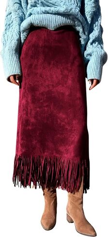 chouyatou Women's Fringe Trim Faux Suede Skirt High Waisted Pencil Dressy Fall Winter Midi Long Skirt in Saudi Arabia