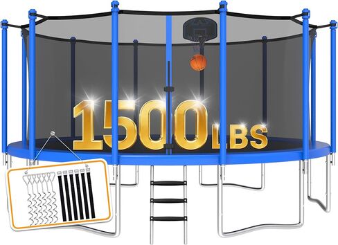 1500LBS 8 10 12 14 15 16 FT Tranpoline for Adults/Kids with Safety Enclosure Net, Basketball Hoop, Ball, Wind Stakes and Ladder, Heavy Duty Outdoor Recreational Tranpolines for Family in Kuwait