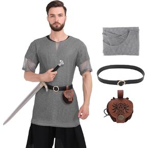 Medieval Faux Chain Tunic, Men's Renaissance Shirt with Belt and Pouch LARP Cosplay Costume Set in Kuwait