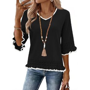 LOMON Women's Sweaters 3/4 Sleeve Business Casual Sweater V Neck Boho Tops Cute Crop Knit Peplum Pullover Spring Outfits in Kuwait