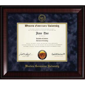 Western Governors University Diploma Frame - Mahogany Furniture Finish Frame with Navy Blue Suede Mat and Gold Embossed WGU Seal in Kuwait