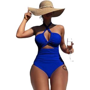 Womens Halter Neck Backless Monokini Swimsuit - Summer Beach One-Piece Bikini Solid Blue Color High Stretch Fabric in Saudi Arabia