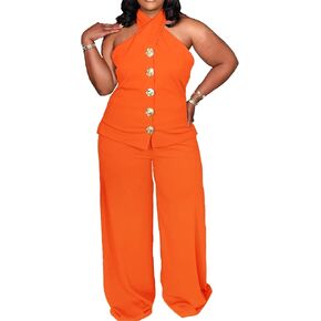 Womens Plus Size Two Piece Outfits Summer Button Halter Neck Vest Tank Tops Wide Leg Pants Suit Matching Sets in Saudi Arabia