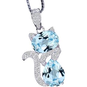 Aquamarine Necklace Sterling Silver Cat 1.5 Ct Kitty Sim Diamond Blue Pendant White Gold Plated March Birthstone Pet Lover Jewelry in Kuwait