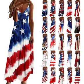 فساتين JIEMUXIU الرابع من يوليو للنساء فستان ماكسي كامي العلم الأمريكي بدون أكمام فستان الشاطئ والمنتجعات لقضاء العطلات فستان الشمس in Kuwait