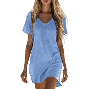 فساتين كتان للنساء فستان صيفي كاجوال بأكمام قصيرة وملابس لقضاء العطلات على الشاطئ مع جيوب in Kuwait