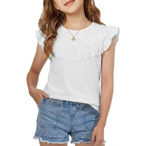 Girls Western Shirt Cowgirl Fringe Sleeveless Crew Neck Shirts Tassel Front Casual Blouses Tops in Kuwait