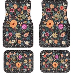 Luxury Boho Car Floor Mats Full Set | Car Decor for Women Men | Bohemian Floral Pattern | Heavy Duty All-Weather Universal Rubber Liners | Non-Slip & Odor-Free in Saudi Arabia
