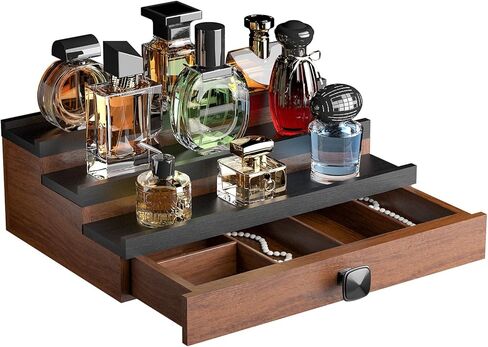 Cologne Organizer for Men, 3 Tier Wooden Cologne Display Shelf Stand with Drawer Storage Perfume Holder Organizer and Hidden Compartment Storage Display Risers, Great Gift for Man in Saudi Arabia