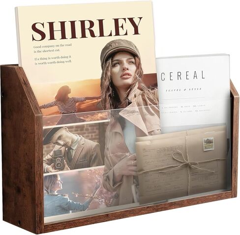 حامل مجلات الحائط - رف مجلات خشبي مثبت على الحائط، لوحة أكريليك شفافة - مجلة، كتاب، منظم ملفات المكتب المنزلي - حامل تسجيلات الفينيل - بني ريفي in Kuwait