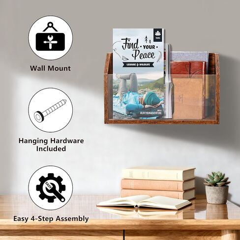 حامل مجلات الحائط - رف مجلات خشبي مثبت على الحائط، لوحة أكريليك شفافة - مجلة، كتاب، منظم ملفات المكتب المنزلي - حامل تسجيلات الفينيل - بني ريفي in Kuwait