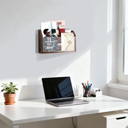 حامل مجلات الحائط - رف مجلات خشبي مثبت على الحائط، لوحة أكريليك شفافة - مجلة، كتاب، منظم ملفات المكتب المنزلي - حامل تسجيلات الفينيل - بني ريفي in Kuwait