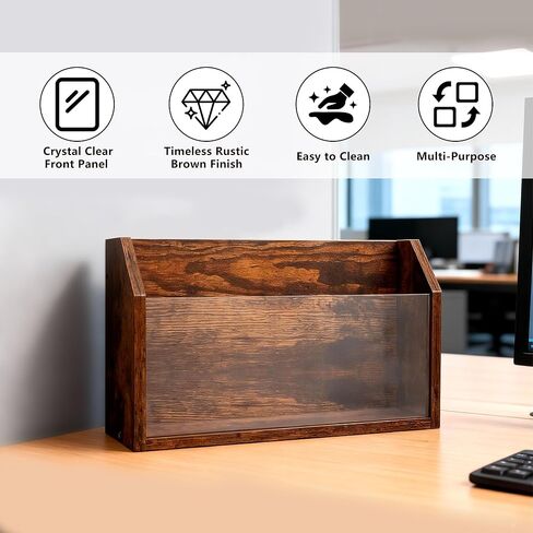 حامل مجلات الحائط - رف مجلات خشبي مثبت على الحائط، لوحة أكريليك شفافة - مجلة، كتاب، منظم ملفات المكتب المنزلي - حامل تسجيلات الفينيل - بني ريفي in Kuwait