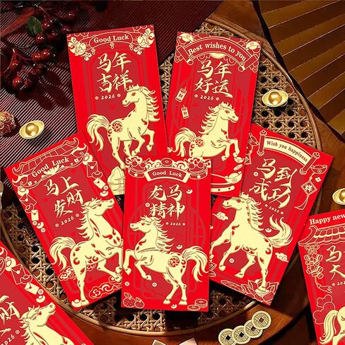 مظاريف حمراء للعام الصيني الجديد للحصان 2026، 24 قطعة (12 تصميمًا، قطعتان لكل تصميم)، زينة السنة القمرية الجديدة، هدايا لوازم حفلات رأس السنة الجديدة، مظاريف نقود هونغ باو للنقود. in Kuwait