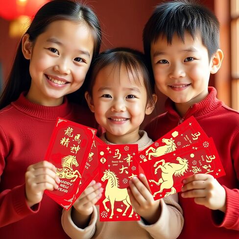 مظاريف حمراء للعام الصيني الجديد للحصان 2026، 24 قطعة (12 تصميمًا، قطعتان لكل تصميم)، زينة السنة القمرية الجديدة، هدايا لوازم حفلات رأس السنة الجديدة، مظاريف نقود هونغ باو للنقود. in Kuwait
