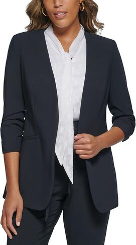 Calvin Klein Petite Open Front Scrunched Sleeve Jacket Navy 8P in Saudi Arabia