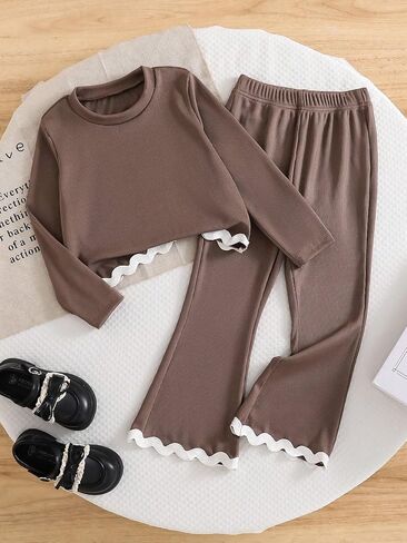 2-piece fashionable casual round neck set, suitable for girls, long sleeved top and flared pants in Saudi Arabia