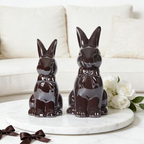 DN DECONATION 2PCS Easter Decoration Bunny Decor - Spring Easter White Rabbit Sculpture, Ceramic Statues with Bow for Farmhouse Home Decor Tabletop Shelf Mantel Dining Table Centerpiece in Saudi Arabia
