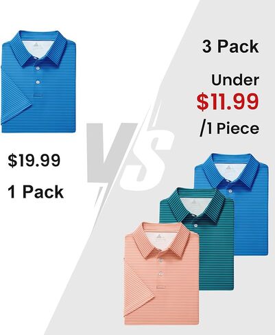 ZITY 3 Pack Golf Shirts for Men Short Sleeve UPF 50+ Performance Moisture Wicking Casual Striped Collared Polo Shirts in Kuwait