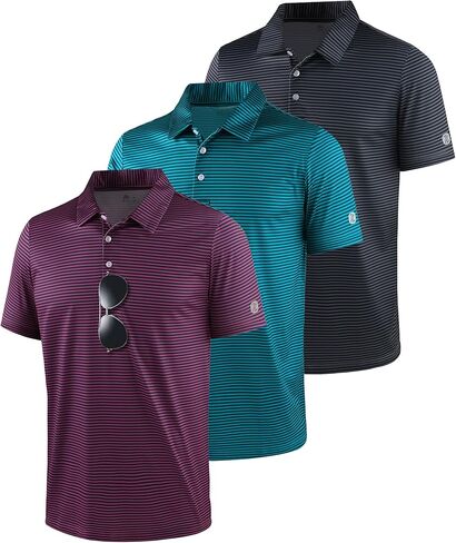 ZITY 3 Pack Golf Shirts for Men Short Sleeve UPF 50+ Performance Moisture Wicking Casual Striped Collared Polo Shirts in Kuwait
