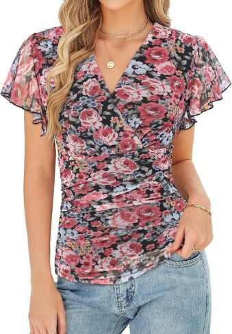 GRACE KARIN 2026 Womens Mesh Tops Summer Ruffle Sleeve Dressy Casual Top Floral Wrap Blouse Fashion Outfits in Saudi Arabia
