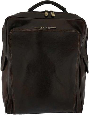 حقيبة ظهر إيطالية من الجلد الطبيعي مقاس 17 بوصة، حقيبة كمبيوتر محمول للسفر أثناء العمل وحقيبة عطلة نهاية الأسبوع للرجال والنساء - بني داكن in Kuwait