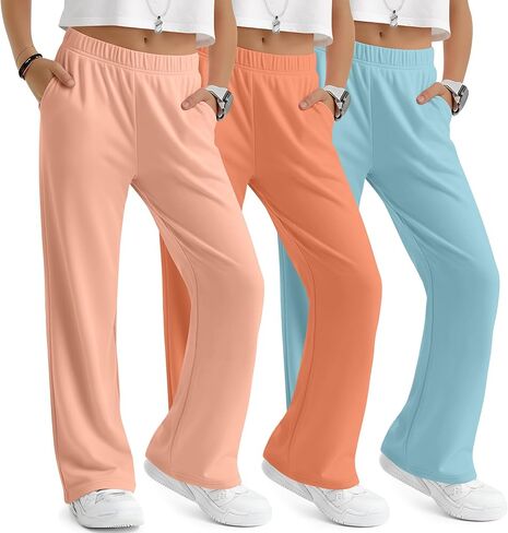 3 Pack Girls' Wide Leg Sweatpants Elastic Waist Casual Flowy Pants Teen Kid Straight Baggy Pants with Pockets 5-16Y(Light Orange, Orange, Mint Green,11-12 Years) in Saudi Arabia