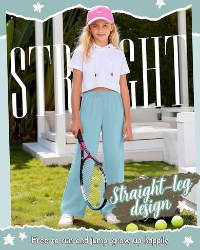3 Pack Girls' Wide Leg Sweatpants Elastic Waist Casual Flowy Pants Teen Kid Straight Baggy Pants with Pockets 5-16Y(Light Orange, Orange, Mint Green,11-12 Years) in Saudi Arabia