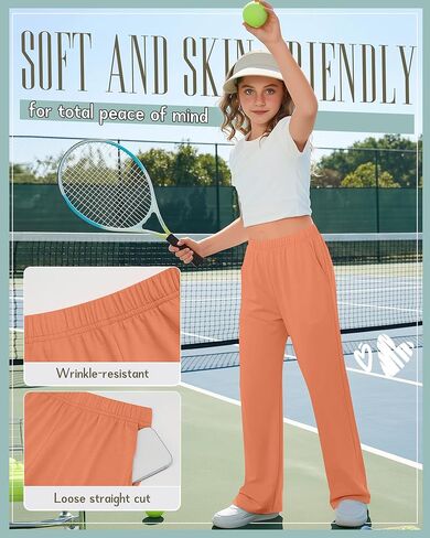 3 Pack Girls' Wide Leg Sweatpants Elastic Waist Casual Flowy Pants Teen Kid Straight Baggy Pants with Pockets 5-16Y(Light Orange, Orange, Mint Green,11-12 Years) in Saudi Arabia