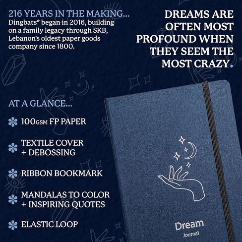Dingbats* Dream Journal - مذكرات الأحلام الموجهة للتسجيل والتأمل في الأحلام والرموز والرؤى - دفتر يوميات من الورق السميك ذو غلاف مقوى مع إغلاق مرن وحلقة قلم وجيب in Kuwait